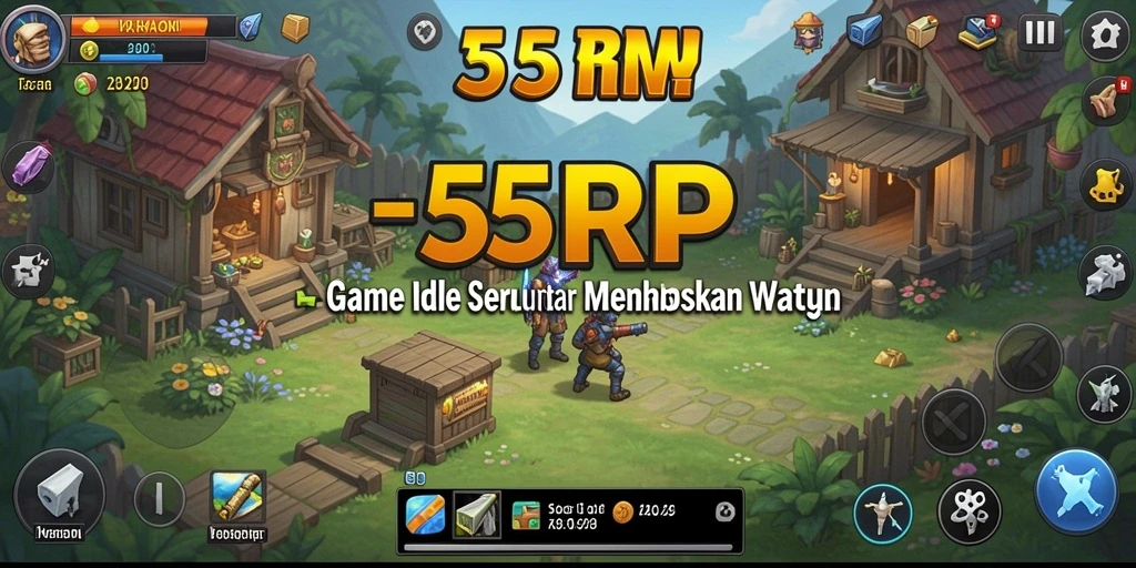 Screenshot gameplay 55RP yang menunjukkan aktivitas pengumpulan sumber daya.