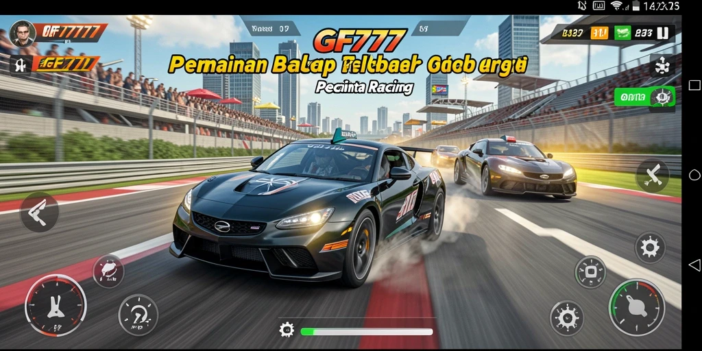 Tangkapan layar dari GF777 menampilkan aksi balapan yang mendebarkan.