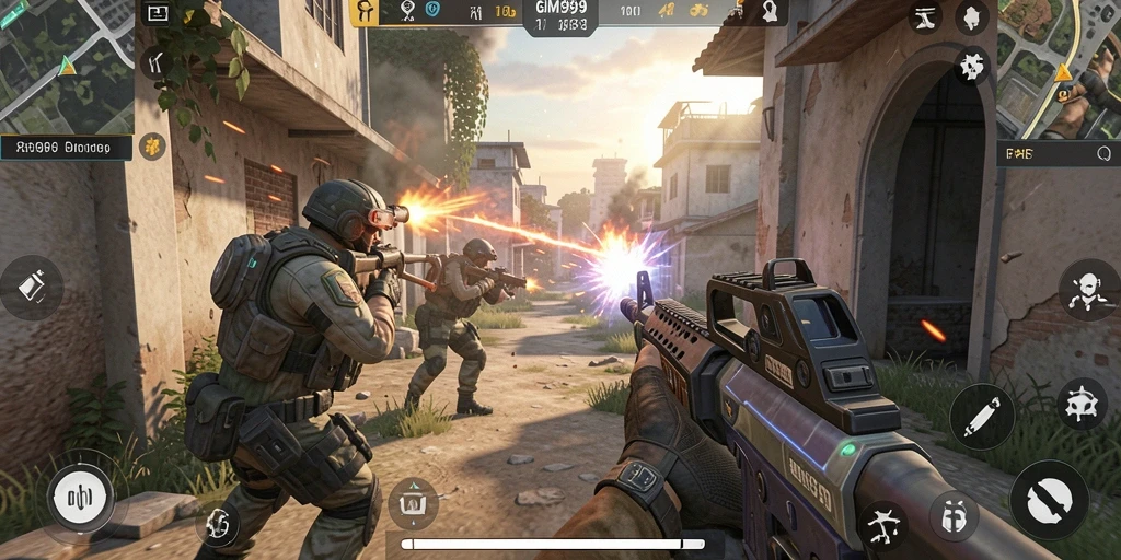 Screenshot GIM999 menampilkan pertarungan seru dalam gameplay FPS.