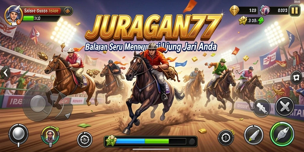 Screenshot utama JURAGAN77 menampilkan balapan seru dengan mobil kustom.