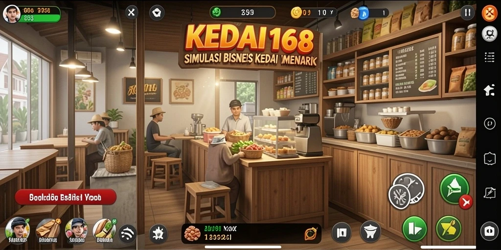Screenshot gameplay memperlihatkan simulasi kedai yang menarik.