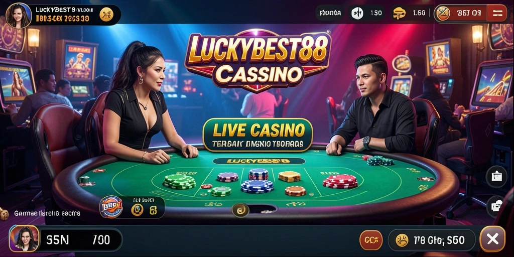 Screenshot gameplay LUCKYBEST88 yang menampilkan dealer dan permainan langsung.