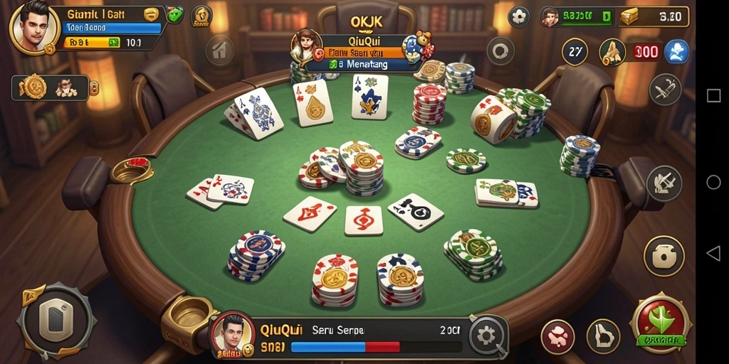 Tampilan utama gameplay QiuQiu menampilkan kartu dan meja permainan.
