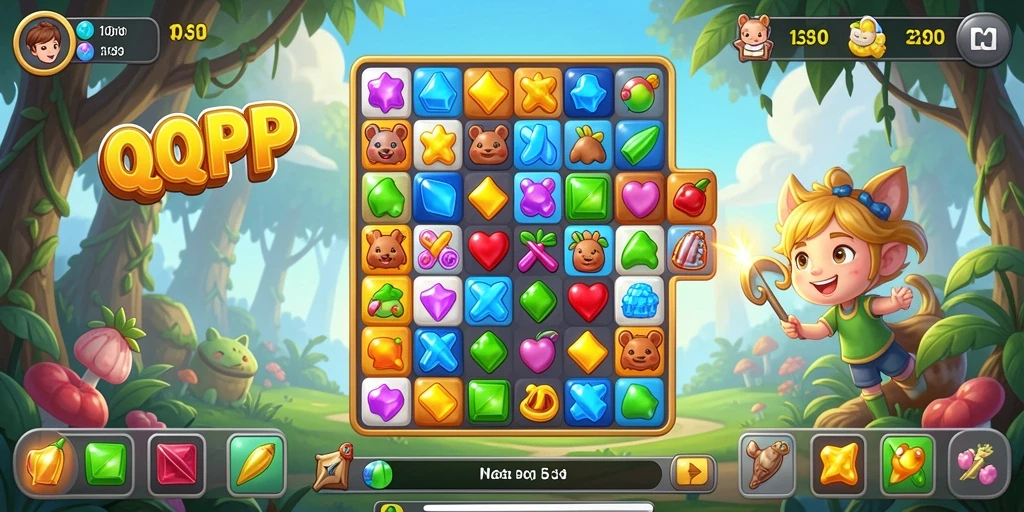 Screenshot utama QQRP menampilkan gameplay Match-3 yang seru dan penuh warna.