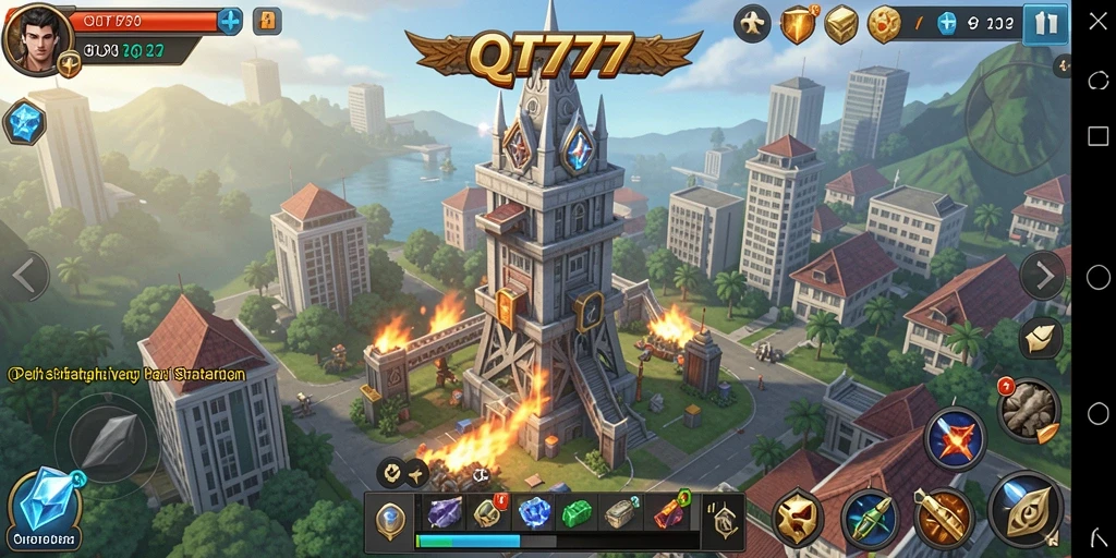 Screenshot QT777 menampilkan pertarungan menara pertahanan yang intens.